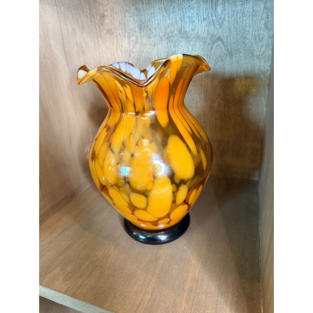 Anthropologie Amber Yellow Spotted Ruffled Glass Vase Home Decor 4554